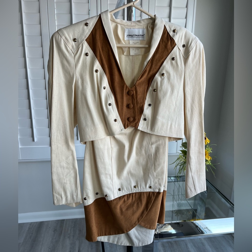 YOUNG EDWARDIAN Rare Vintage Ivory/Brown 2 Piece Set Bolero Jacket/Skirt Size 9